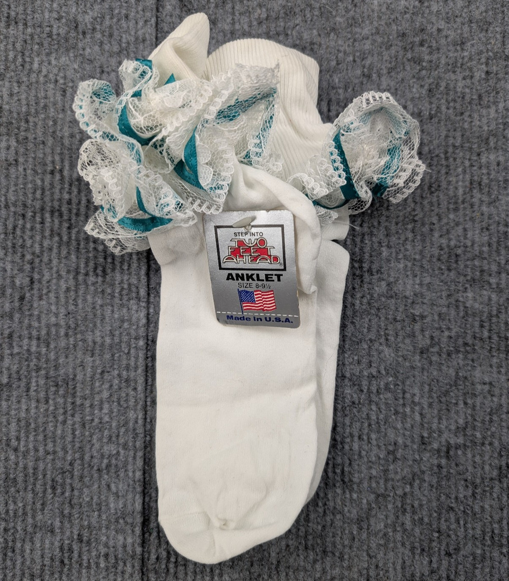 Vintage Nylon Socks Womens 8-9.5 Coquette Cream Teal Frilly Church Lace Y2K 90s